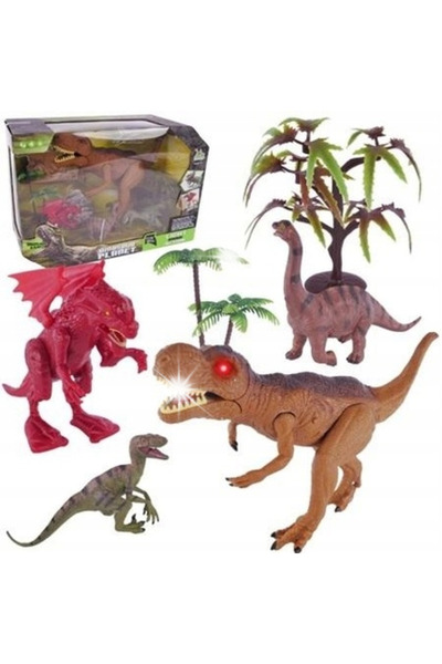 MAKSIK Set de Dinozauri 4 Figurine 2 Copaci cu Efecte Sonore și Luminoase