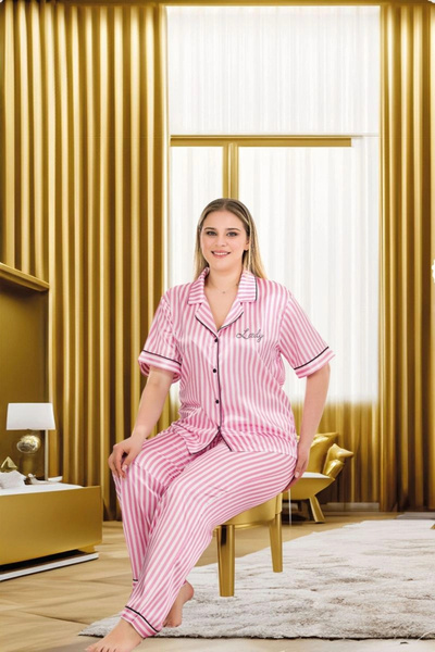mtm My The Mall ملابس بمقاسات كبيرة، تصميم أنيق، مخططة باللون الوردي، بأزرار ...