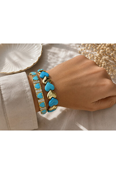 Atelier DRNS Jewelry Mavi Kalp Çelik Lastikli Bileklik Seti – 2’li Kombin