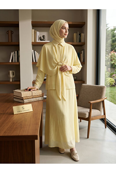 KAYS Women's Lara Fabric Cape and Buckle Detailed Hijab Skirt Two-Piece Set