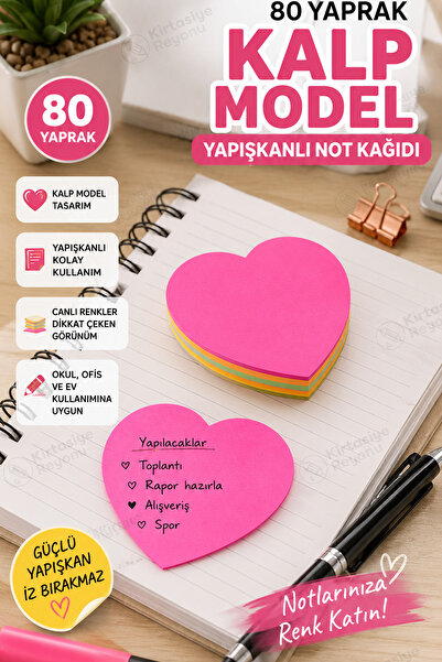 Kids Like Kalp Model 80 Yaprak Karışık Renk Yapışkanlı Not Kağıdı