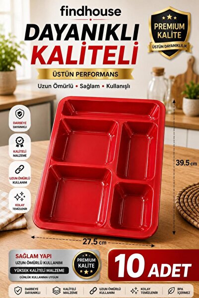 findhouse 5 Gözlü Kaliteli ve Kullanışlı 10 Adet Polikarbon Kırmızı Tabldot S...