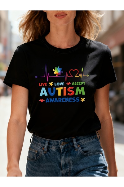 En22 تي شيرت نسائي للتوعية - LIVE LOVE ACCEPT AUTISM مناسب للربيع/الصيف بأكما...