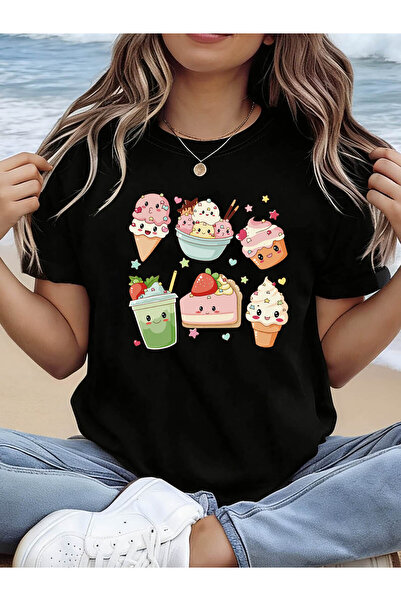 Ekim11 تي شيرت بطباعة رسومية من مجموعة Cute Dessert Collection، قميص كاجوال ب...
