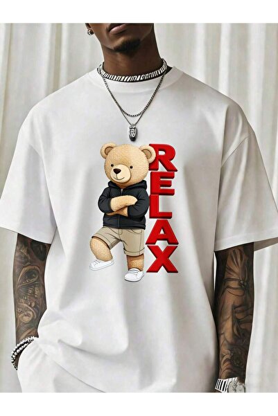 Ekim11 Relax Bear Graphic T-Shirt Men Black Casual Streetwear Fashion Top Wit...