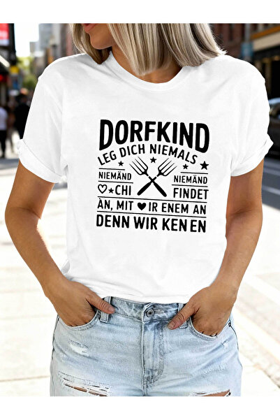 45 BPM تي شيرت نسائي مطبوع عليه "DORFKIND DICH NIEMALS NIEMÄND AN..." - بلوزة...