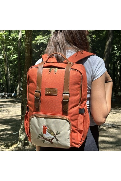 Mileyha Red Embroidered Tile Backpack, 15.6'' Laptop Compartment, Faux Leather Details, Bird Pattern.
