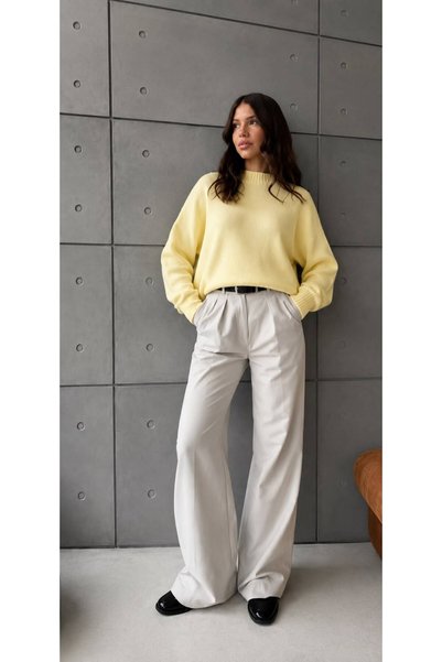 STF MODA Pulover tricotat oversize galben pentru femei - Decolteu rotund cu textură moale