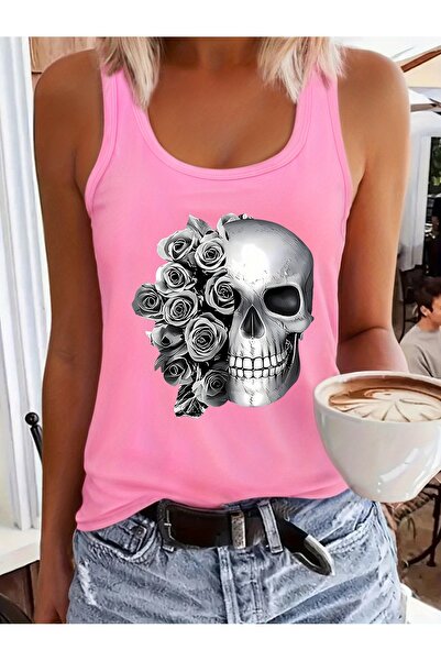 mercoledi Tricou de damă cu decolteu în V și imprimeu Rose Skull