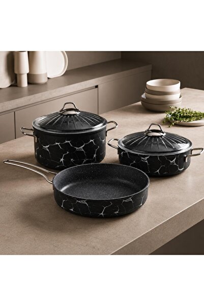 Sara Mutfak Eşyaları Granite Cookware Set Fireproof Non-Stick, Marble Pattern