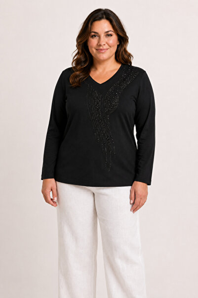 bihan store Women's V-Neck Front Stone Embroidered Long Sleeve Combed Cotton ...