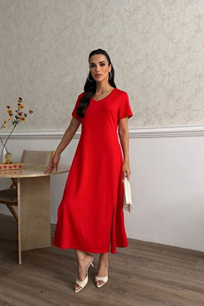 moda poni Women's Red V-Neck Midi Dress with Slit Detail