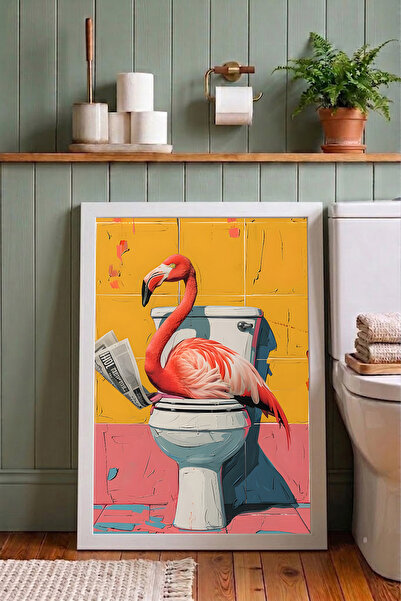 Günışığı Atölyesi Gazete Okuyan Flamingo Komik Banyo Çerçeveli Tablo - Tuvale...