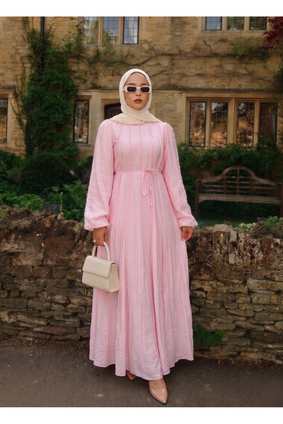 Seyyar Kemerli Pamuk Tencel Elbise Pembe