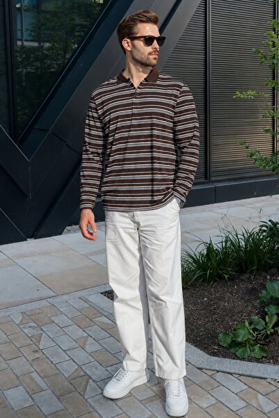 Madmext Brown Regular Fit Striped Polo Collar Men's T-Shirt E7192