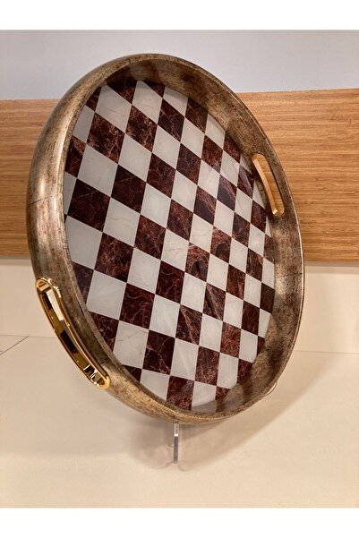 PLUS HOME TEPSİ AHŞAP VE CAM DETAYLI KAHVE RENK DAMALI YUVARLAK MODEL RENK ANTİK ESKİTME ORTABOY ÇAP 35 CM