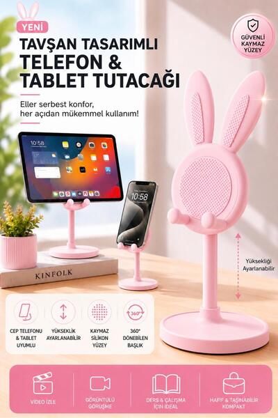 Galeriyo Tavşan Kulplu Makyaj Organizeri & Tavşan Figürlü Telefon Tablet Standı İkili Set Pembe