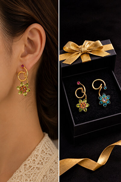 PULİNİN DÜKKANI Asymmetrical Women's Earrings with Floral Figures – Gold Colo...