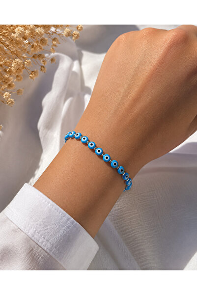 MODA MANANI Blue Evil Eye Beaded Adjustable Women's Bracelet with Gold Detail...