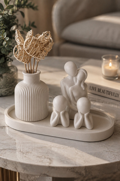 Dezora Home Dekoratif Taş Tozu 5'li Aile Biblo Seti – Çift Figürü, Çocuk Bibl...