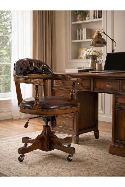 Gazzini Furniture Majesta Kapitone Döşemeli Ahşap Ofis Çalışma Sandalyesi
