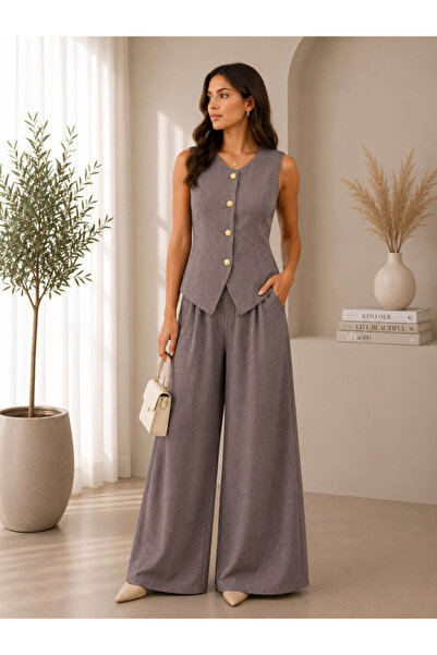 LOBOLIC Women's Premium Tencel Gold Buttoned Vest and Trousers Set