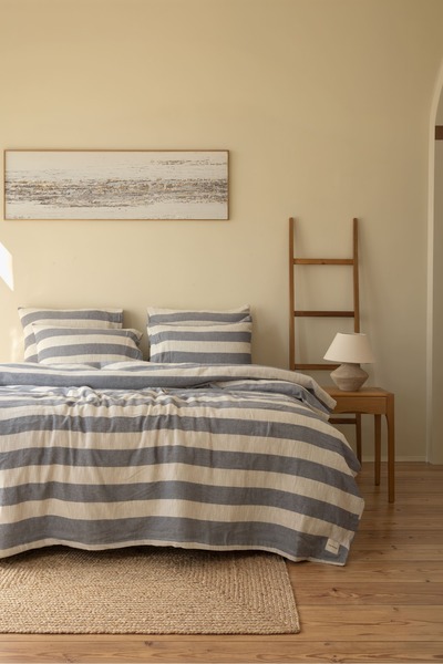 Bej Home Striped Bedspread Set Navy Blue Color Double Size 100% Cotton 220X240