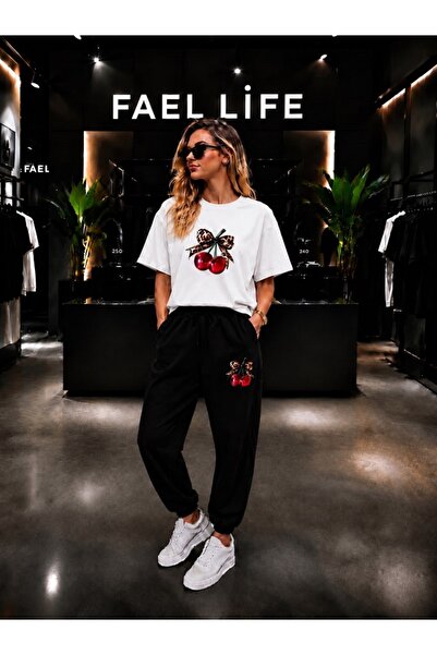 FAEL LİFE Unisex Wide-Let T-Shirt and Sweatpants Set with Cherry Ribbon Print