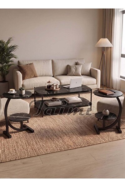 Taimi 3-Piece Living Room Table Set, Wood Top, Metal Frame, Coffee Table & 2-...