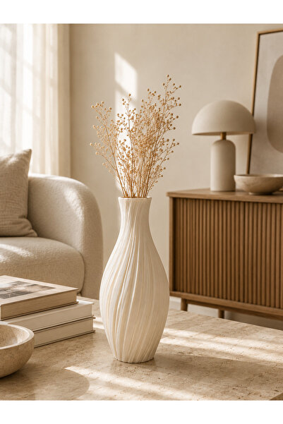 KRNHOME KRN HOME El Yapımı Beton Dekoratif Vazo Modern Çizgili Tasarım 21 cm