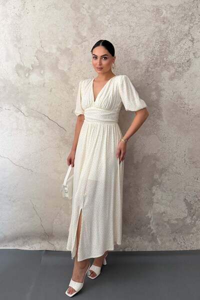 Elbee Fashion Woman Κίτρινο φόρεμα με πουά και διακοσμητικές λεπτομέρειες