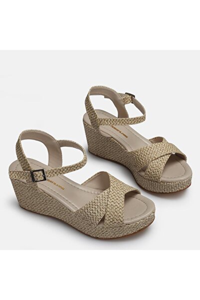 37Numara Large Size Beige Cross-Strapped Straw Wedge Heeled Women's Sandals 4...