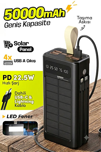 Mmctech 50000mAh Güneş Enerjili Powerbank | PD 22.5W Hızlı Şarj | Dahili Type...