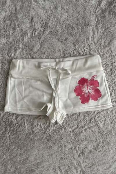 Karakedi White Pink Hibiscus Flower Drawstring Y2K Mini Shorts