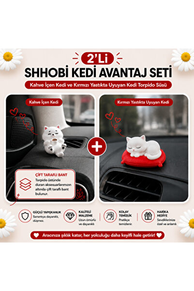 SHHOBİ 2'li Kedi Araba Süs Seti: Kahve İçen Kedi ve Kırmızı Yastıkta Uyuyan K...