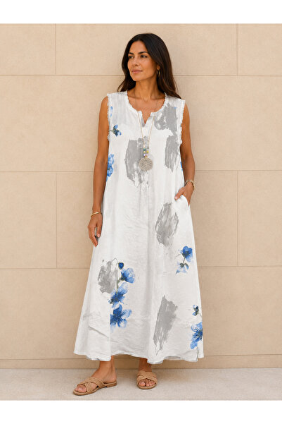 AGORATEKSTİL Women's Original Italian Raw Linen Fabric Sleeveless Long Dress ...