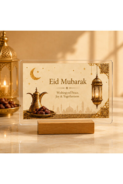 Bleco Eid Mubarak Acrylic Tabletop Sign with Wooden Base, Transparent Crescen...