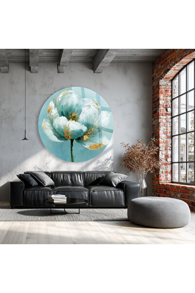 TAULART Unbreakable Glass Table, Round White Flowered Turquoise Gold Modern D...