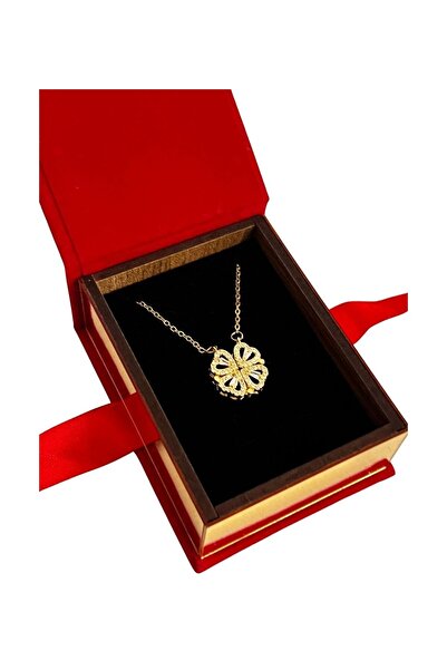 Pigna Aksesuar Velvet Box with Red Ribbon and Pop-Up Clover Necklace, Gift Pa...