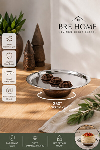 BRE HOME 23 cm Döner Pasta Standı Paslanmaz Çelik Servis Tepsisi 360° Döner S...