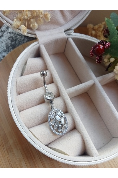 Zirkon Taşlı Gümüş Renk Sallantılı Çelik Göbek Piercing