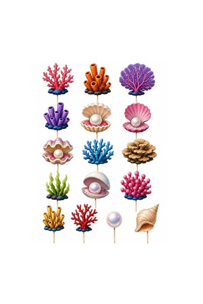 DecoParty Set de decor pentru tort – Tematică Corali și Perle, 16 piese, Cart...