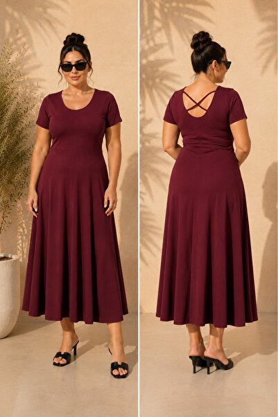 FOR ESRA BIG TREND Women's Plus Size Back Cross Detail U-Neck Short Sleeve Fl...