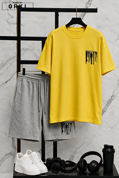 EFFRENATU Bklyn Printed Cotton Fabric Unisex T-Shirt-Grey Shorts Set