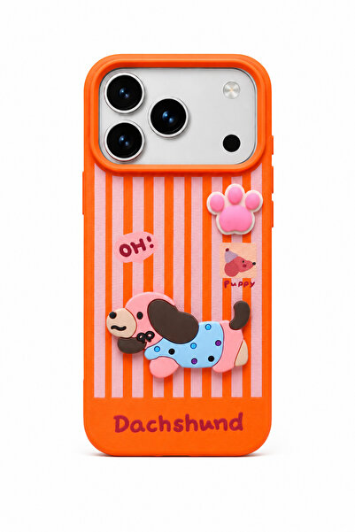 QUSCHU iPhone 17 Pro Max Uyumlu 3D Dachshund Köpek Figürlü Çizgili Silikon Te...