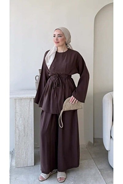 Miraydın Butik طقم بنطلون تونيك نسائي بحزام خصر مودال M26722 - بني