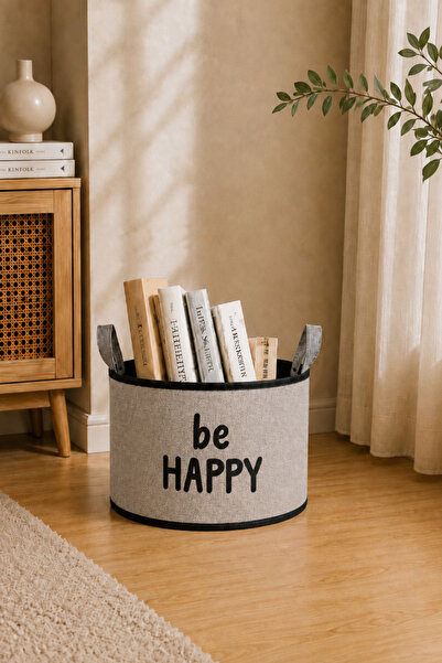 Paris Home Be Happy Written Beige Jute Look Premium Basket – Eva Supported, L...