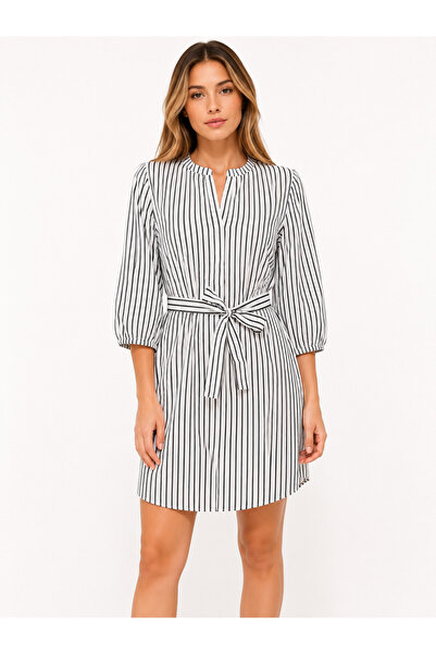 Neden Tekstil Women's Black and White Striped Belted Shirt Dress