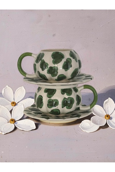 Çiporcal Pumpkin Mug Green 2-Piece Mug Set with Saucer Hand-Decorated Ceramic...