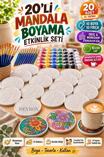 devhome 20'li Mandala Bardak Altlığı Boyama Etkinlik Seti | 10 Boya + 10 Fırç...